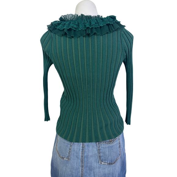 Vintage Evie Silk Ribbed Top Medium Victorian Green Lace Collar Holiday - Picture 8 of 13